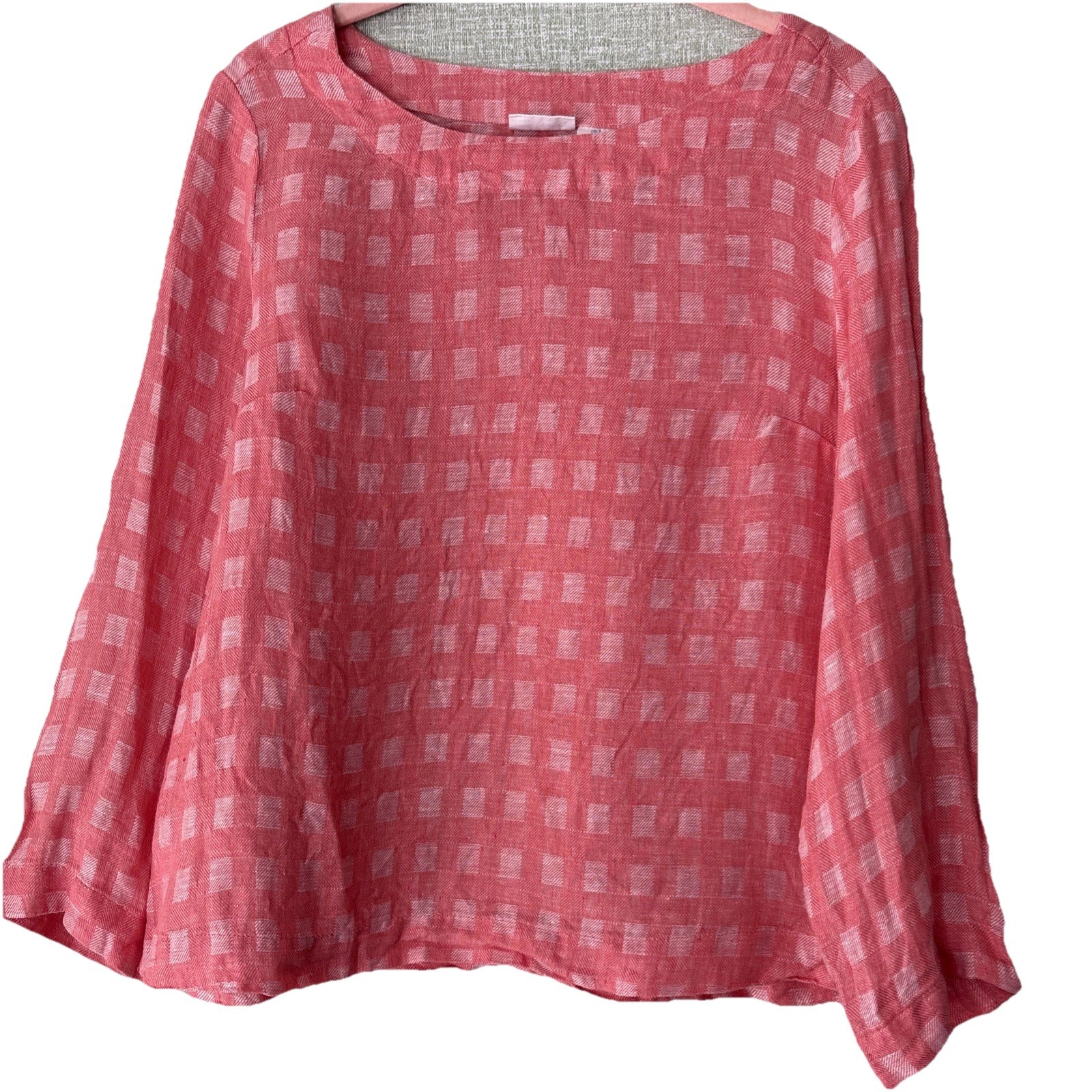 Sigrid Olsen Plaid Linen Top Vtg 90s L Pink Normcore Casual Chic Coastal Grandma