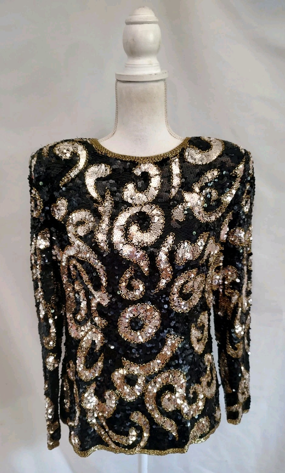 90’s Vintage Joan Leslie Sequin Top Blouse Sparkle Long Sleeve Black Sz 10