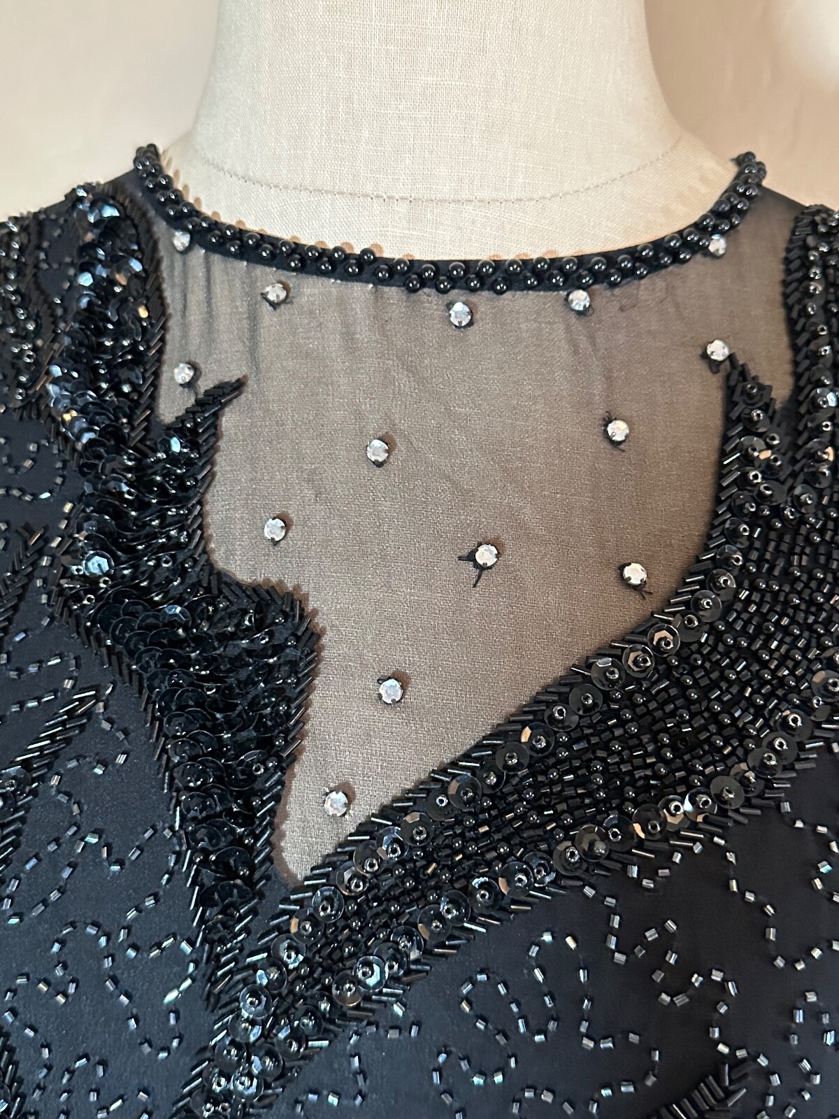 Vintage Sho Max Sheer Black Sequin Beaded Rhinestone Lined Top Blouse Sz M