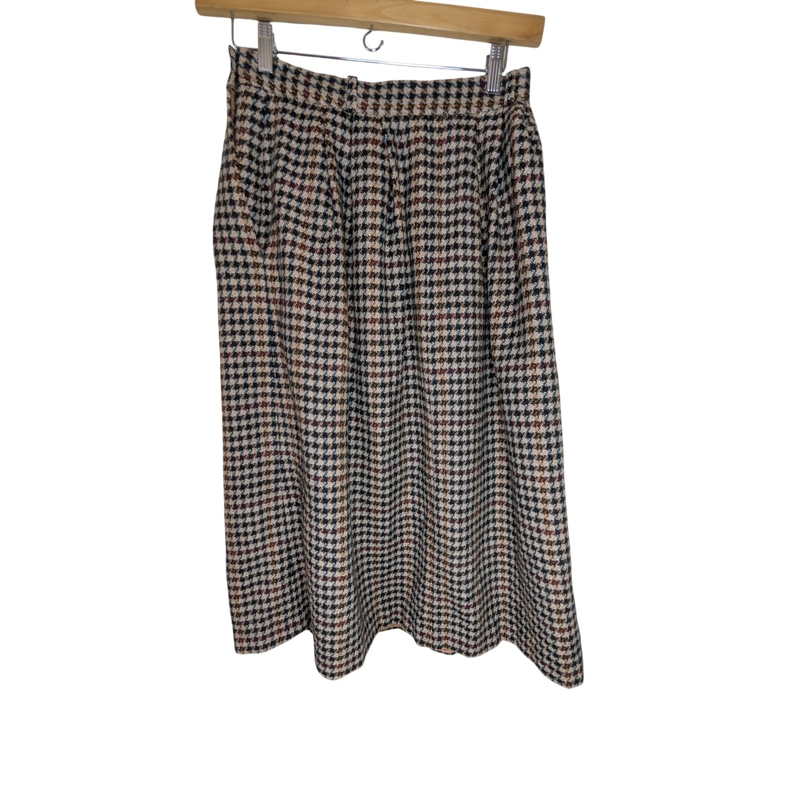 AUSTIN HILL Vintage 100% Wool Tweed Houndstooth Midi Skirt Pockets 10 Academia