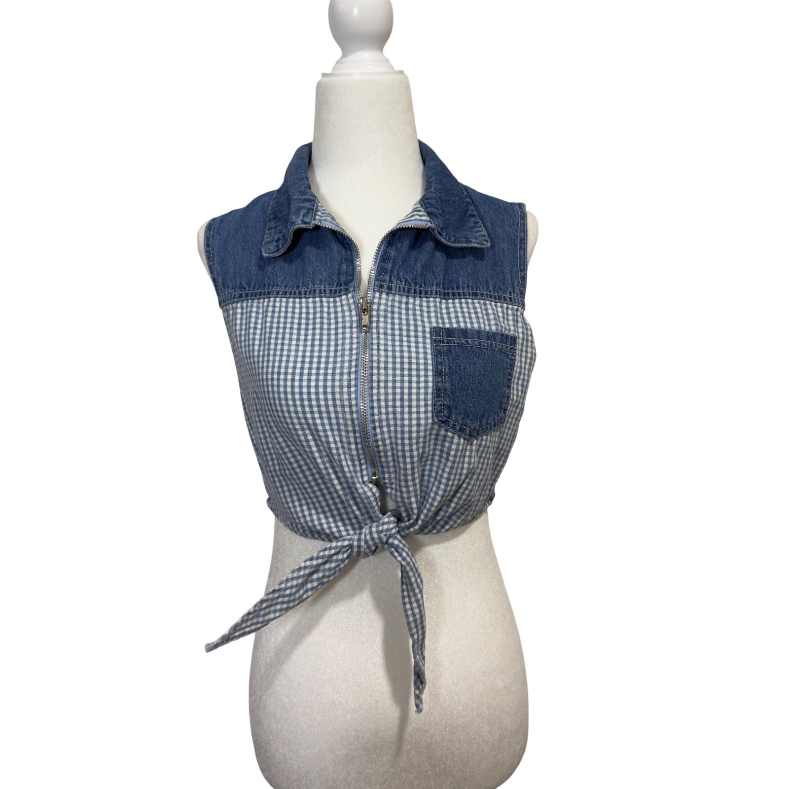 Vintage 90s Gingham Denim Tie Front Crop Top Western Cottage Core RodeoUSA