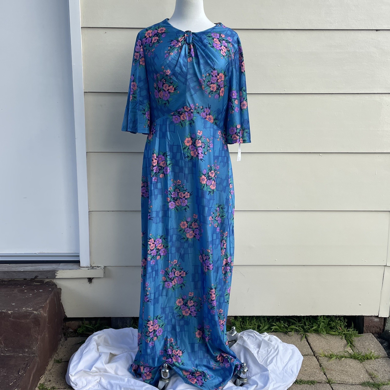 Vintage 60s Unworn size L Dress Blue Silky Maxi Long Tags Mint Fit & Flare