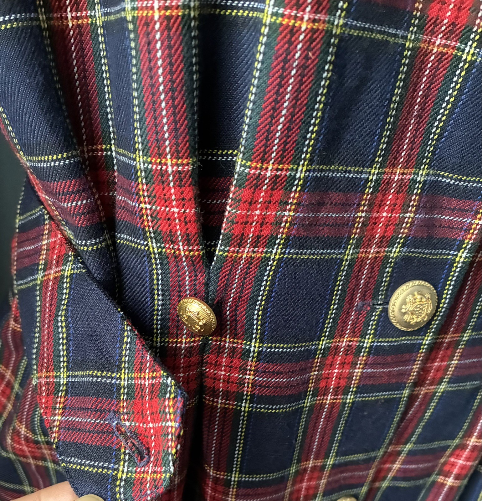 Vintage Laura Plaid 100% Cotton Dress Velvet Collar Gold Buttons USA 80s Sz 14