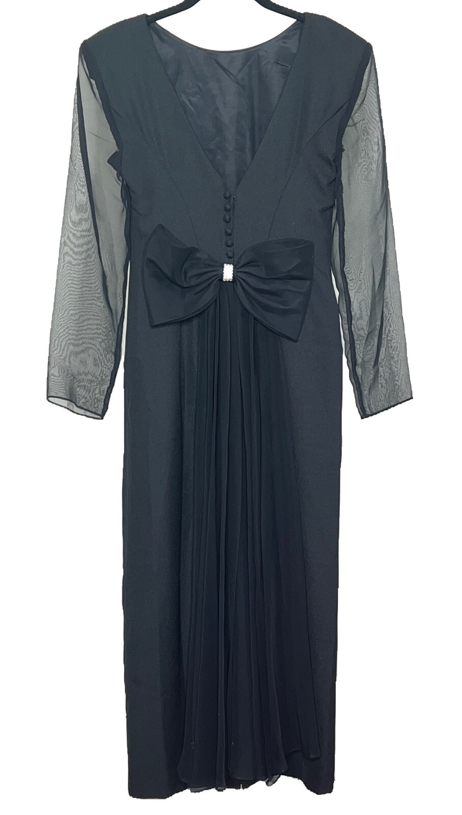 Vintage HW Collections Sz 10 Black Formal Sheath Dress Sheer Sleeves Big Bow 90s