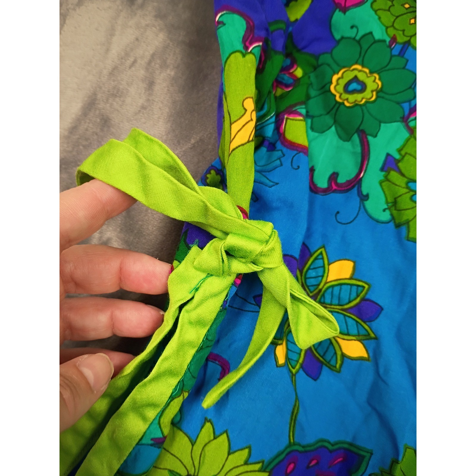 Vintage Made in Hawaii Maxi Dress 10 Green Blue Psychedelic Floral 70s Wrap