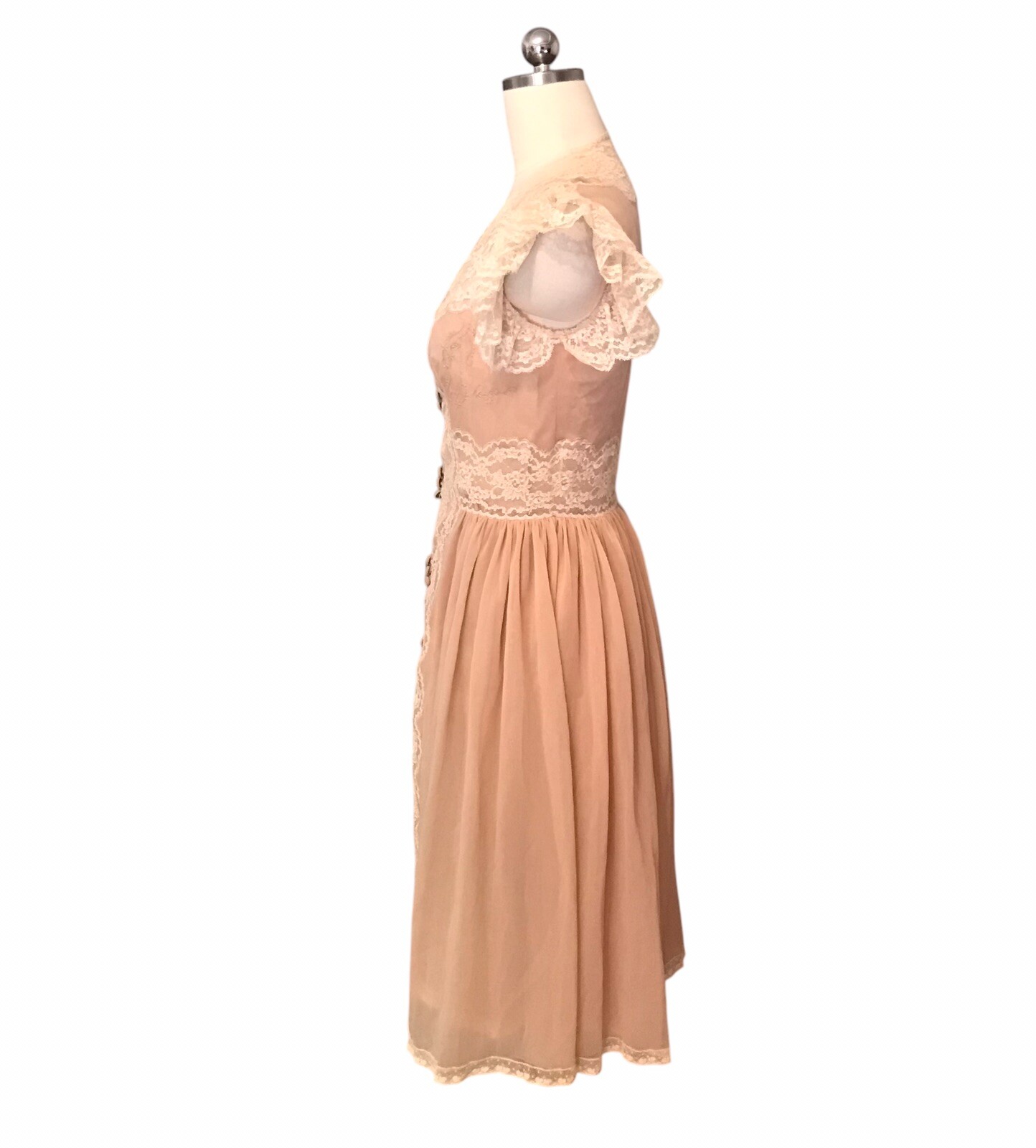 VTG Chiffon Babydoll Peignoir Set Sheer Lace Ruffle Romantic Victorian Women’s S