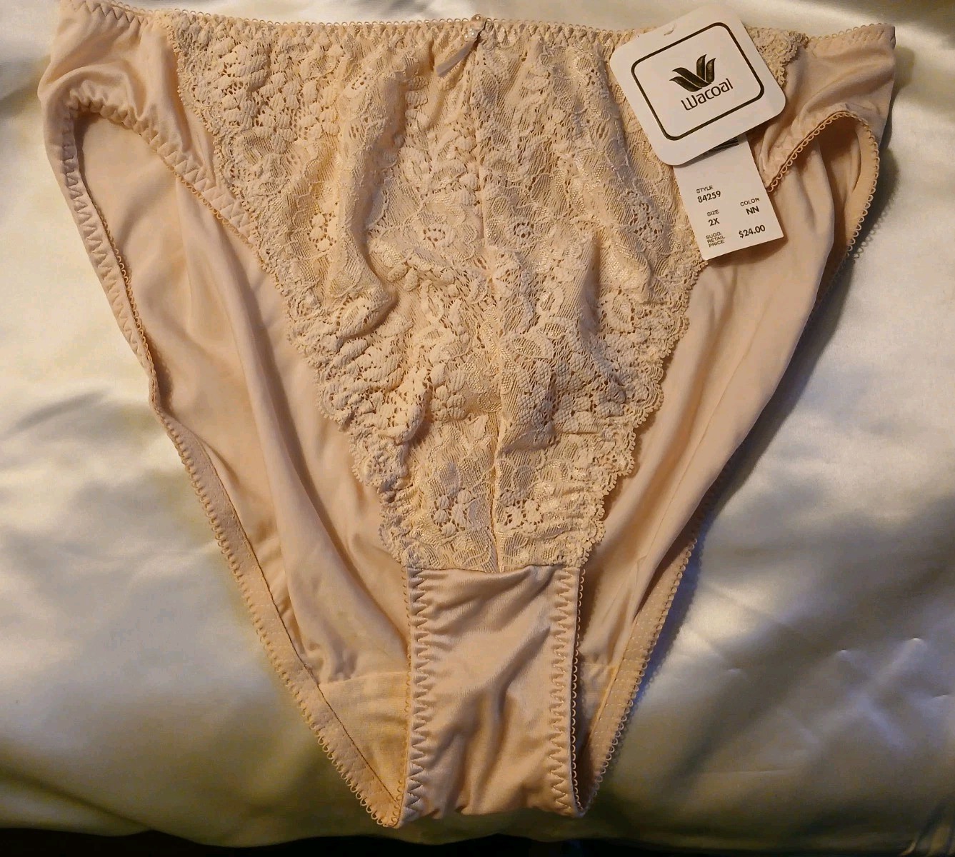 Vintage Wacoal Beige Sheer Floral Lace Hi-Cut Panties 2X Plus NWT