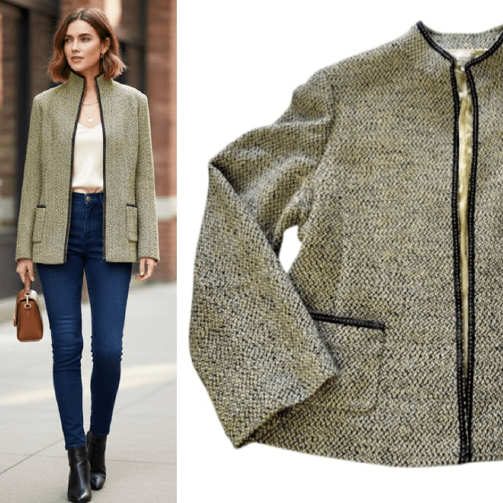VTG Tahari Green Black Herringbone Tweed Open Front Blazer Plussize 18