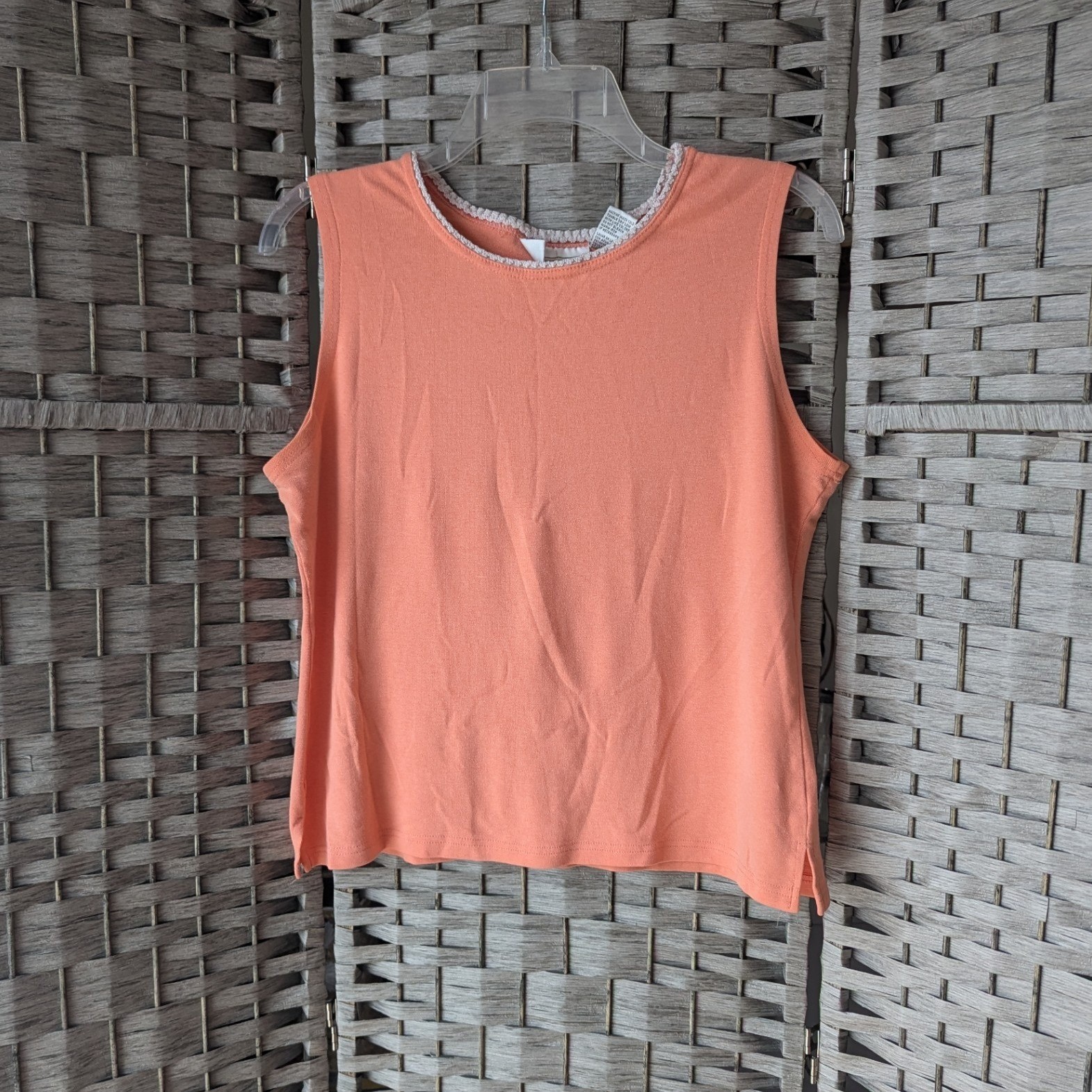 Vtg Knit Tank Top Shell Peach Crochet Neckline Trim Sleeveless XL Cottagecore