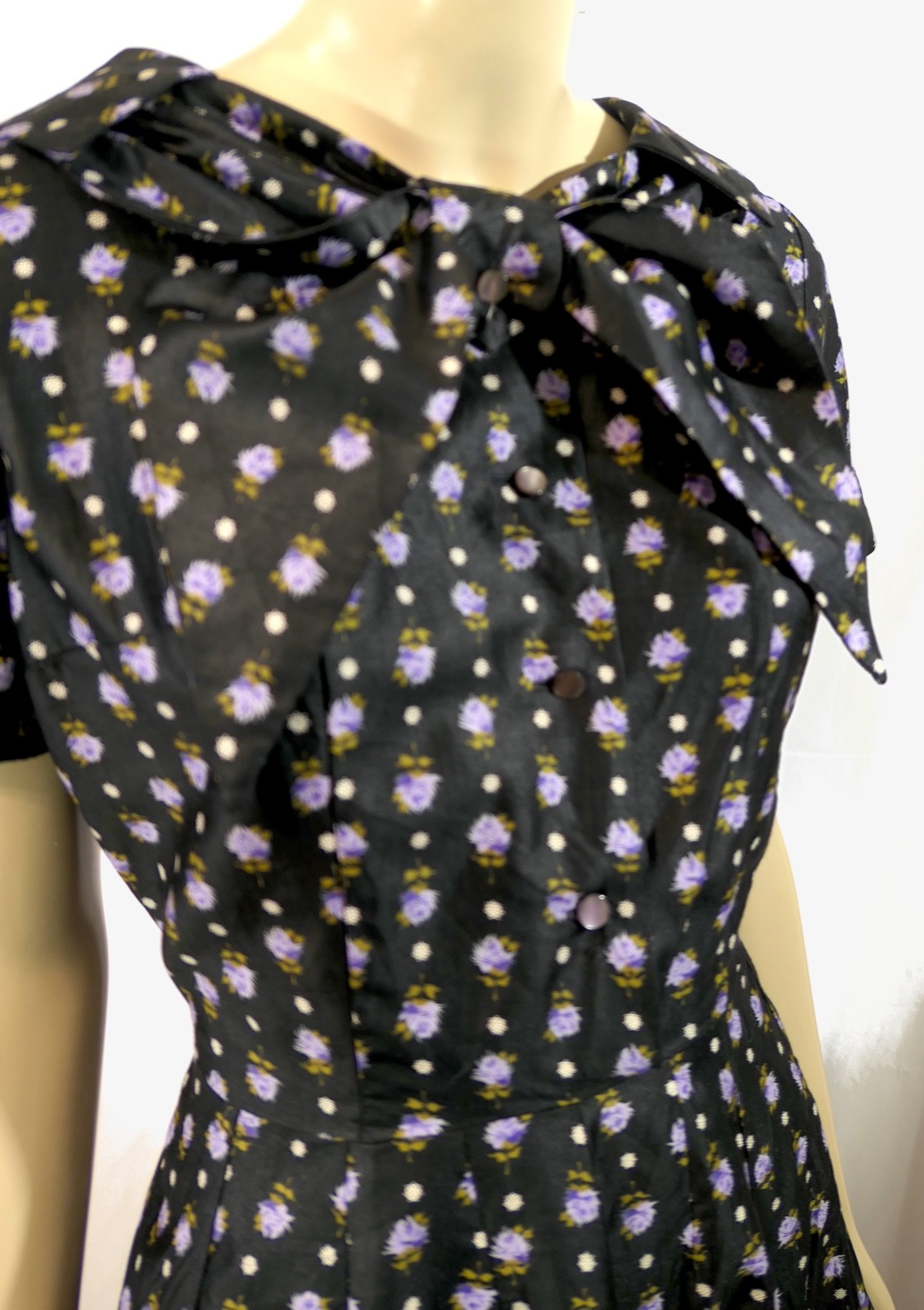 Vintage 50s Rockabilly Handmade Black Lavender Cotton Ascot Dress A Line Full M