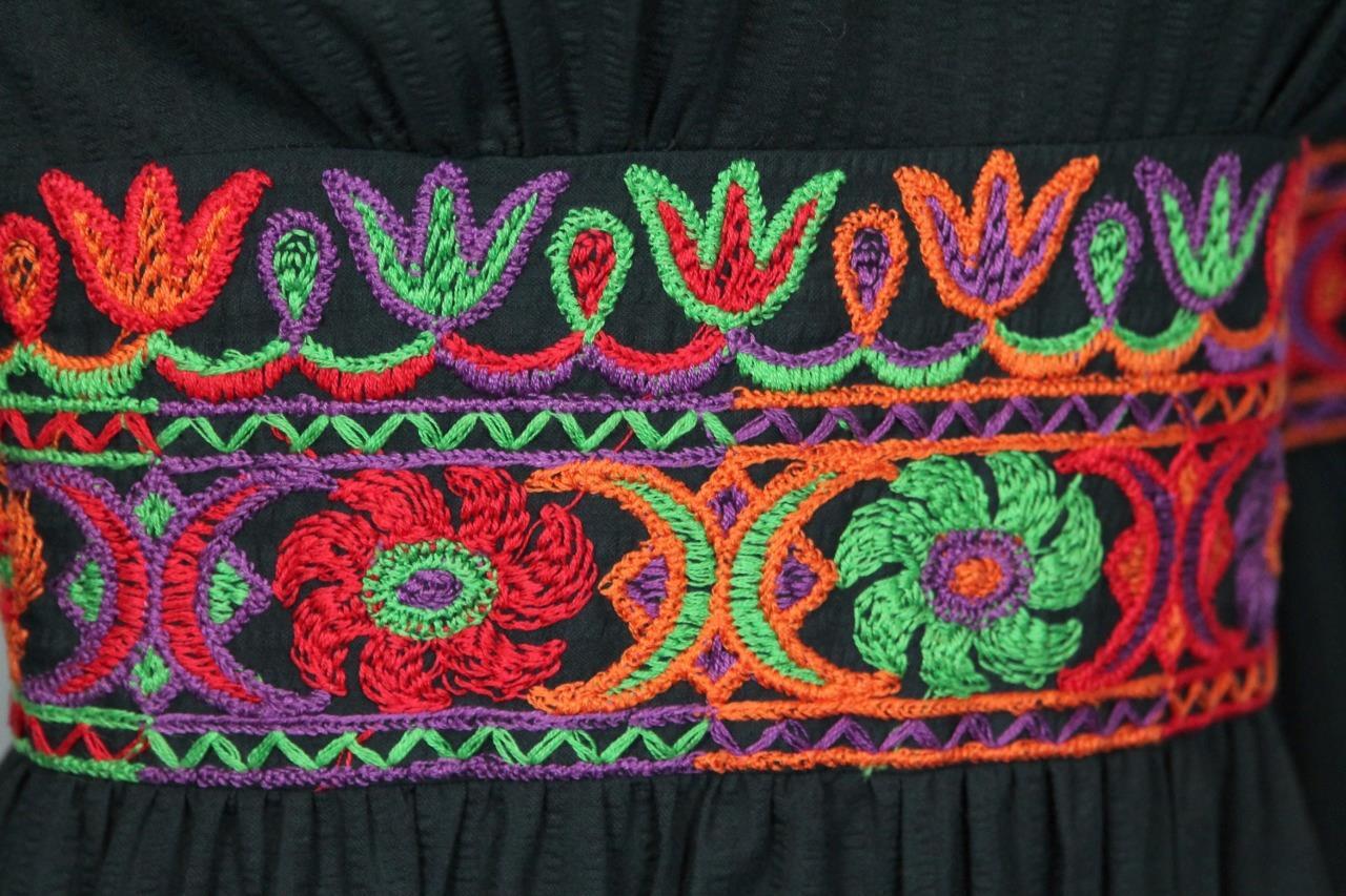 Vtg 70s RUTH NORMAN for GAY GIBSON Ethnic Embroidered Black Fit Flare Dress 9