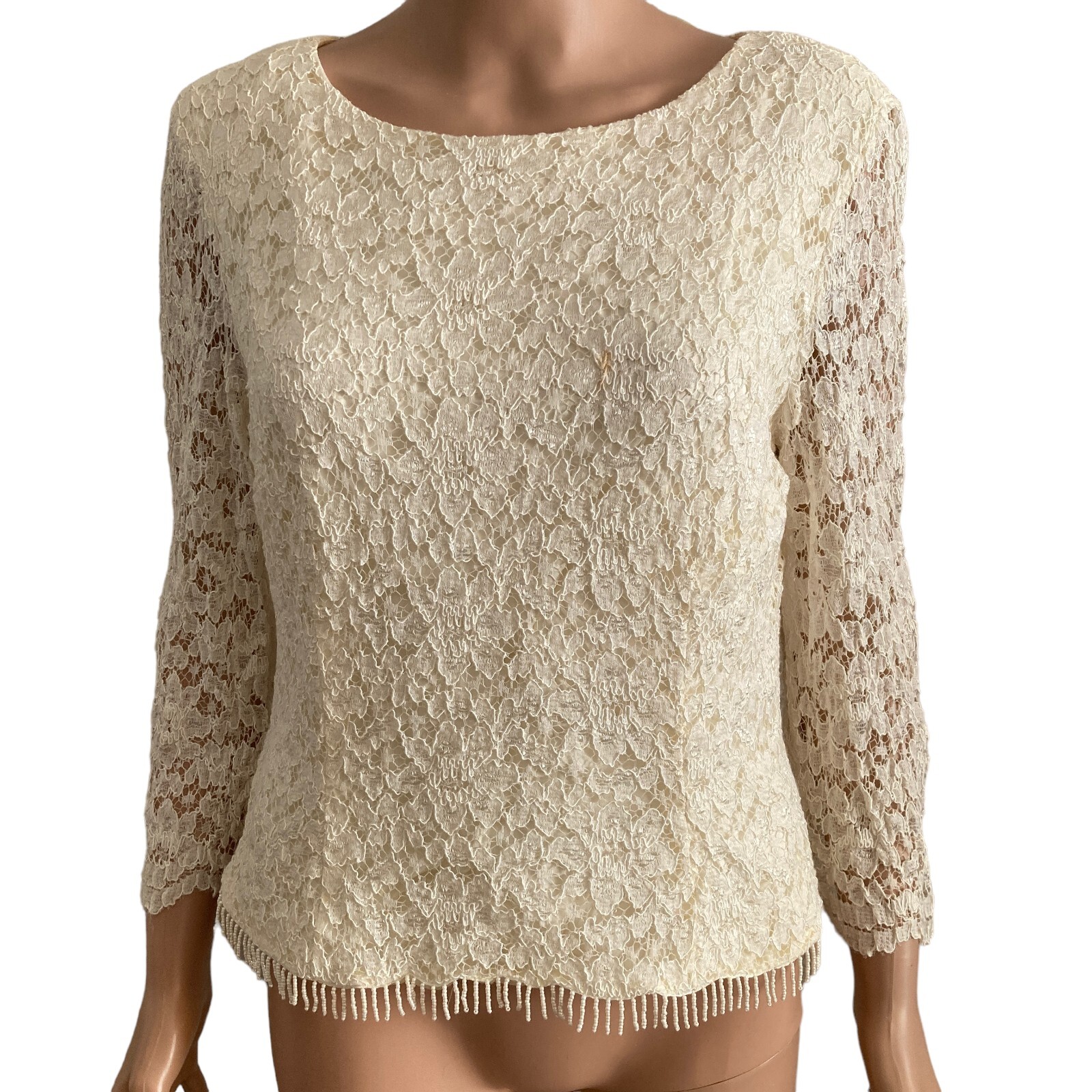 Vintage David Warren NY Blouse Womens 14 Lace Beaded Hem