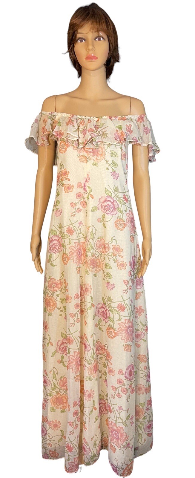 Vintage 1970s Casual Corner 11 Chiffon Pastel Floral Print Senorita Maxi Dress