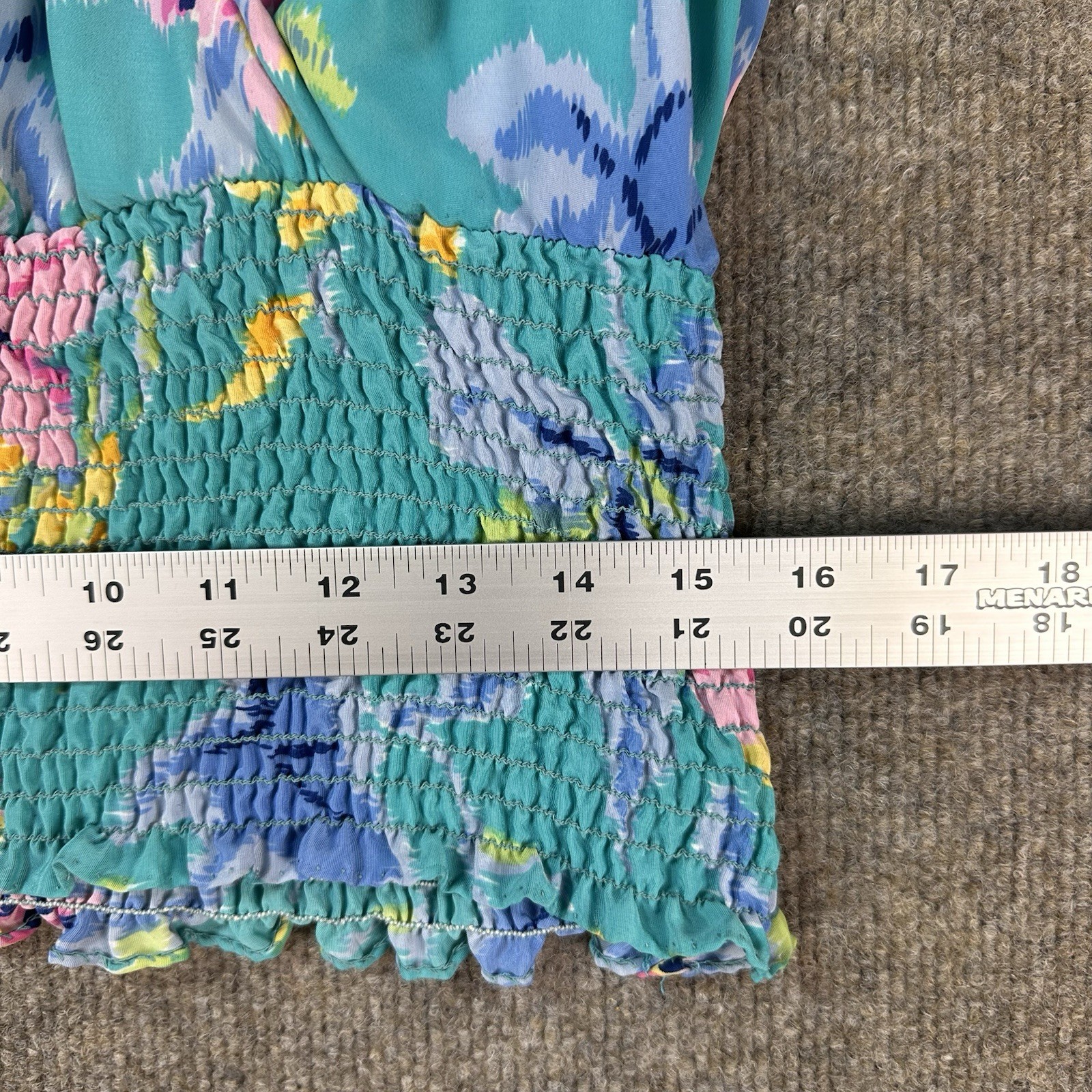 Susan Freis Sz L Blouse Resort Tropical Ruffle Vintage Smocking Floral Resort