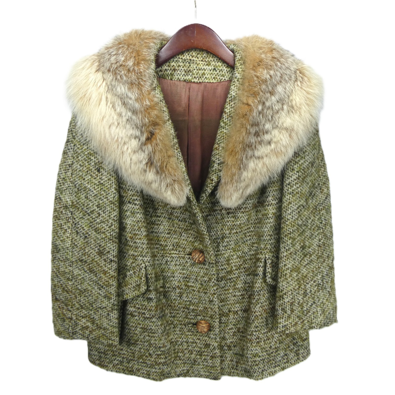 VINTAGE Milady New York 1960s M 3 Button Fox Fur Tweed Coat 3/4 Sleeve Fits M-L