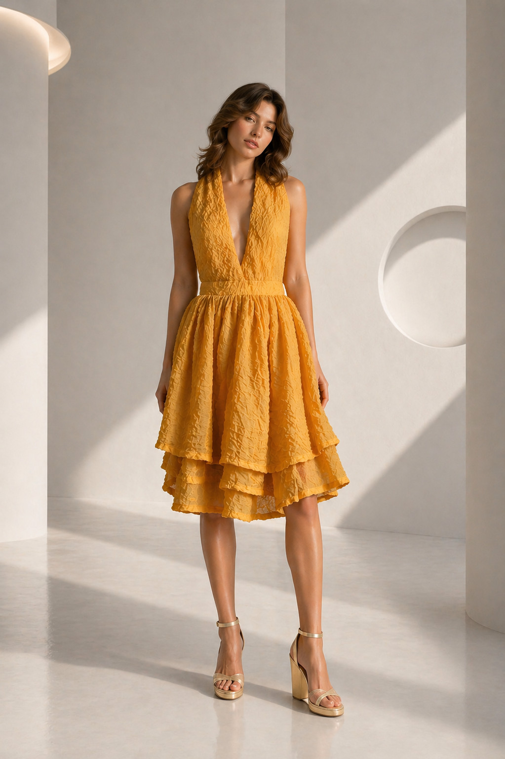 PIERRE CARDIN BOUTIQUE- 1996 Yellow Textured Organza Halter Dress, Size-4