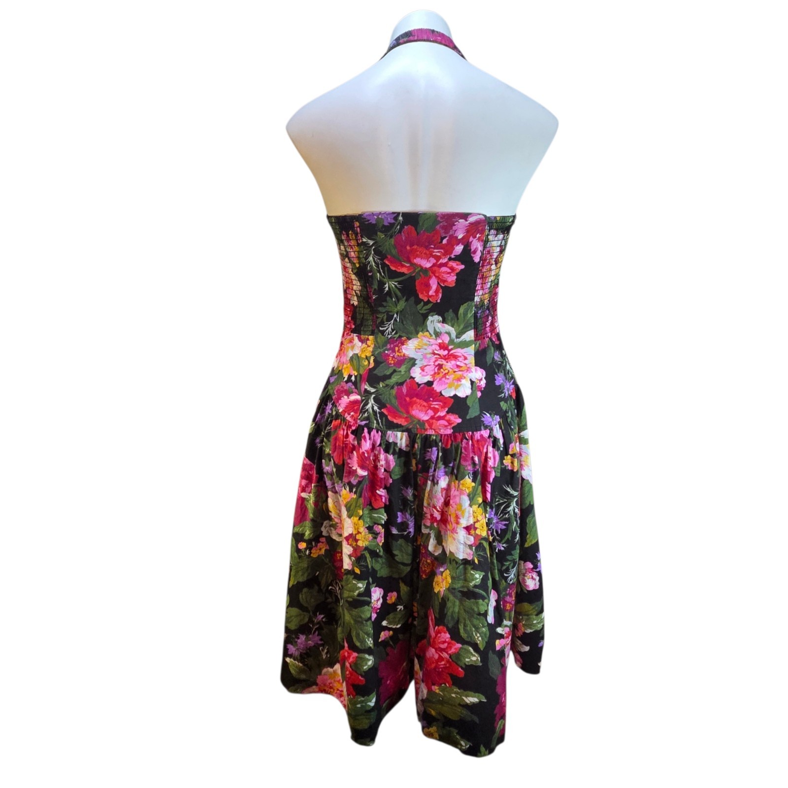 1980s Dark Floral Halter Dress Small / Medium Crinoline Lining Vintage Floral