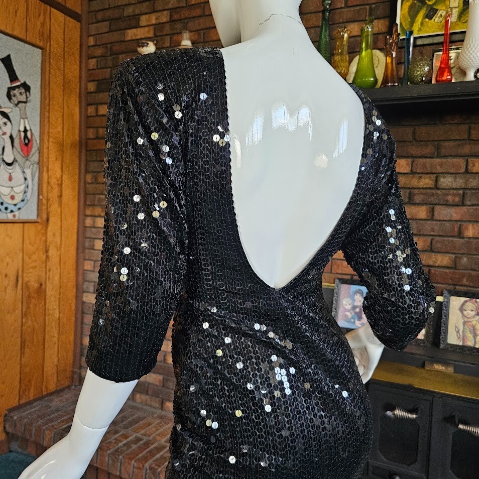 Vtg 80s Disco Oleg Cassini Sequin Backless Formal Evening Cocktail Party Dress S