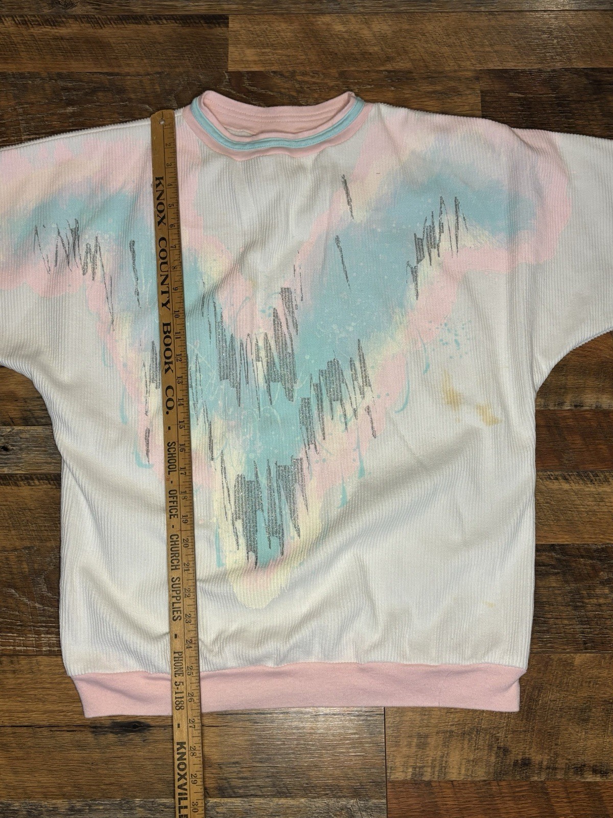 Vintage 80s Crewneck White Ribbed Sweater Pastel Blue Pink Yellow Glitter W’s M
