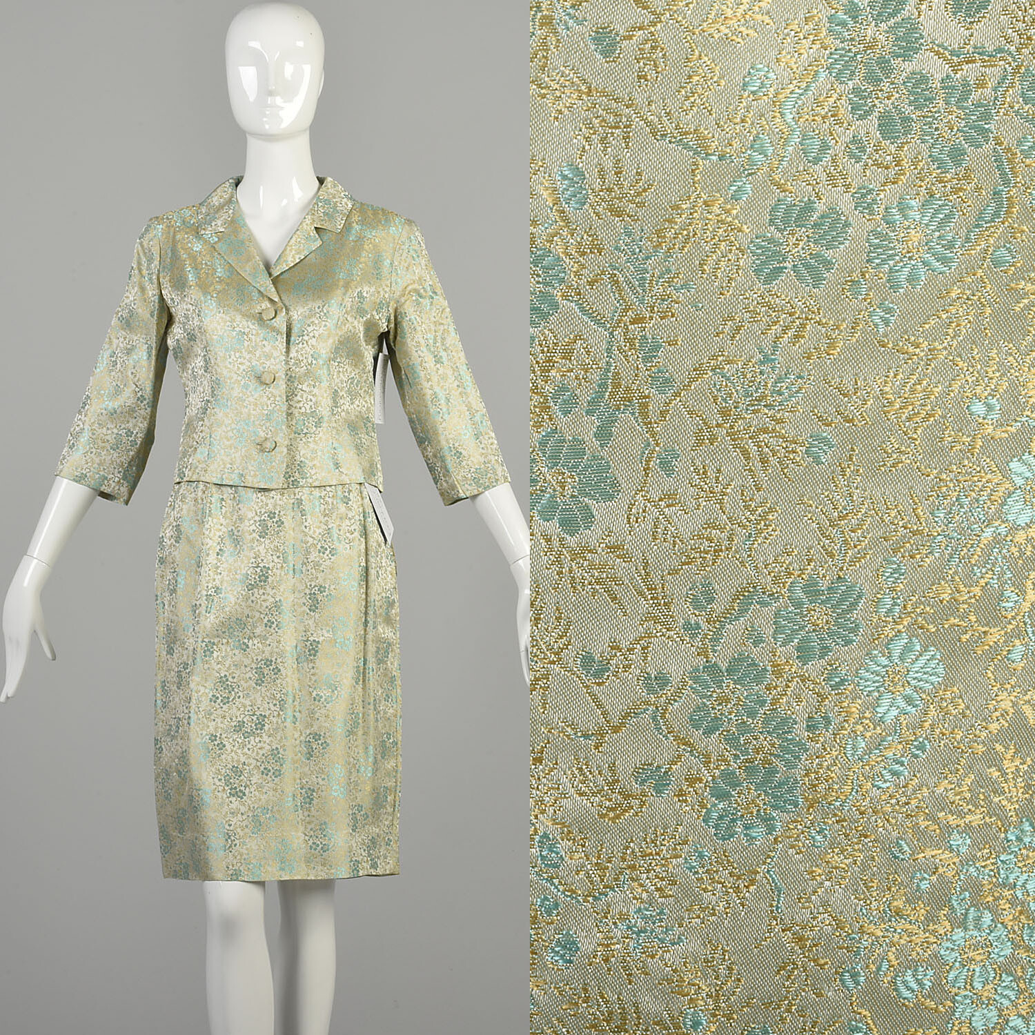 XS 1960s Aqua Silver Gold Tones Set Floral Metallic Brocade Jacket Pencil Skirt