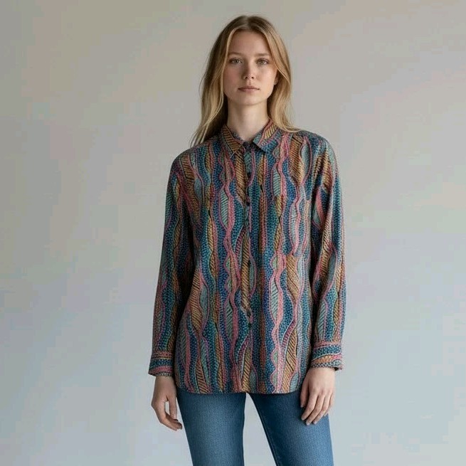 Vintage Impact 100% Silk Multicolor Button-Up Shirt Women Size Large