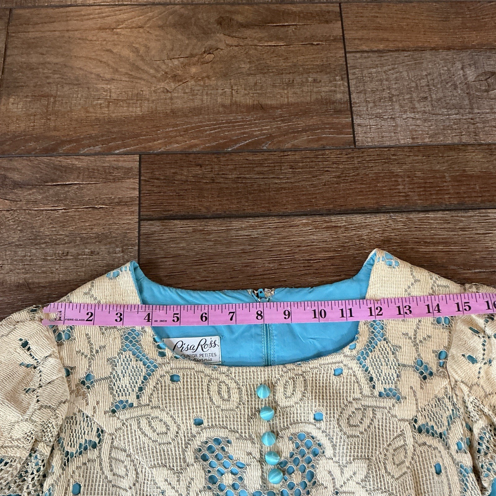 60s VINTAGE Lisa Ross California Lace Shift Dress Turquoise Lined Size 7 #10E3