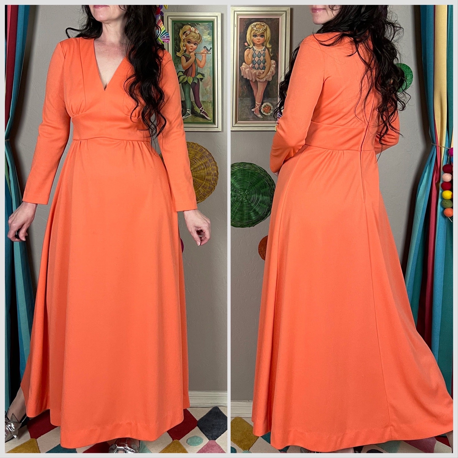 Vintage 1970s Tangerine Orange Long Sleeve Empire Waist Maxi Dress | 28″ Waist