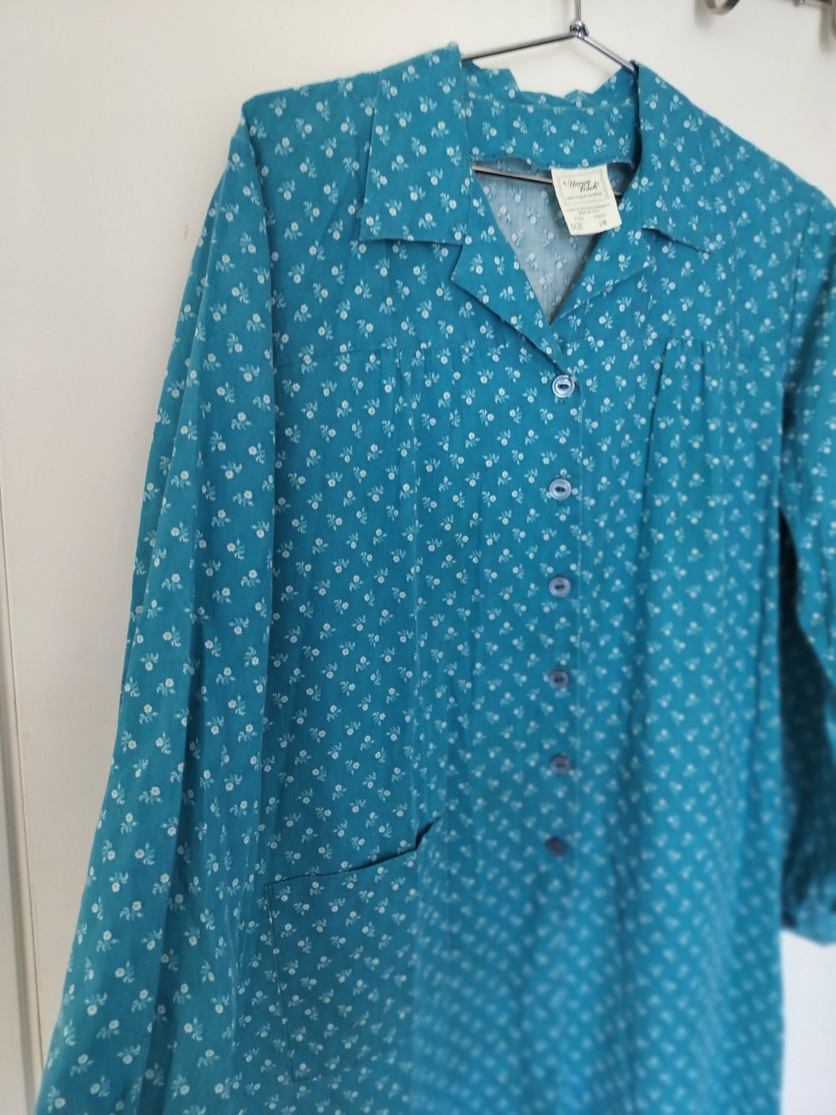 Vintage 1970s A Nancy Frock Teal Floral House Dress Lounger Plus Size 18