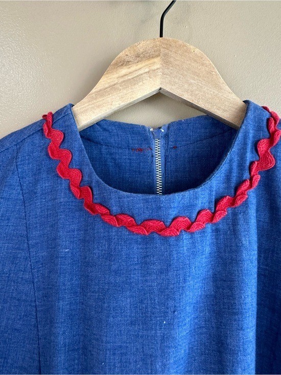 Vintage Handmade Mod Shift Dress Blue Red Ric Rac A-Line Womens S/M