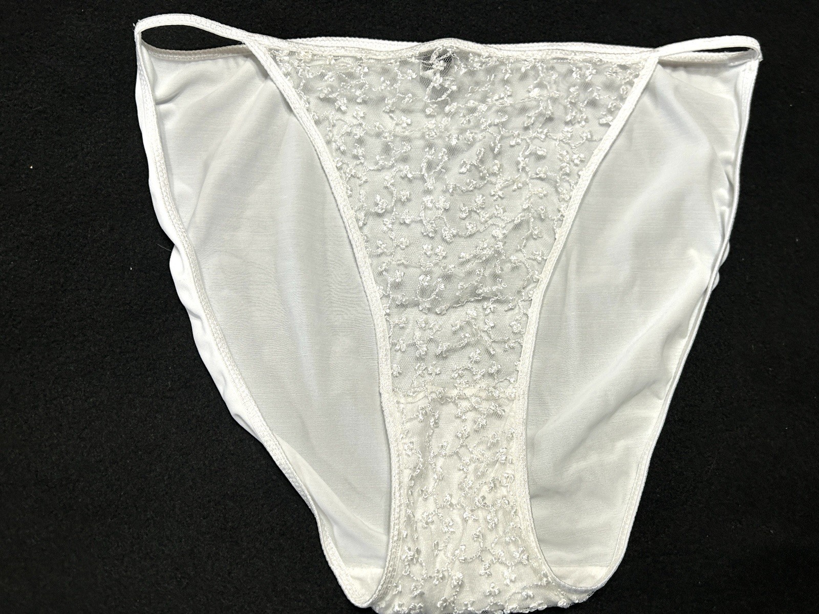 Vtg DONNA LOREN 105X Embroidered Sheer Mesh Satin 2X White String Bikini Panties
