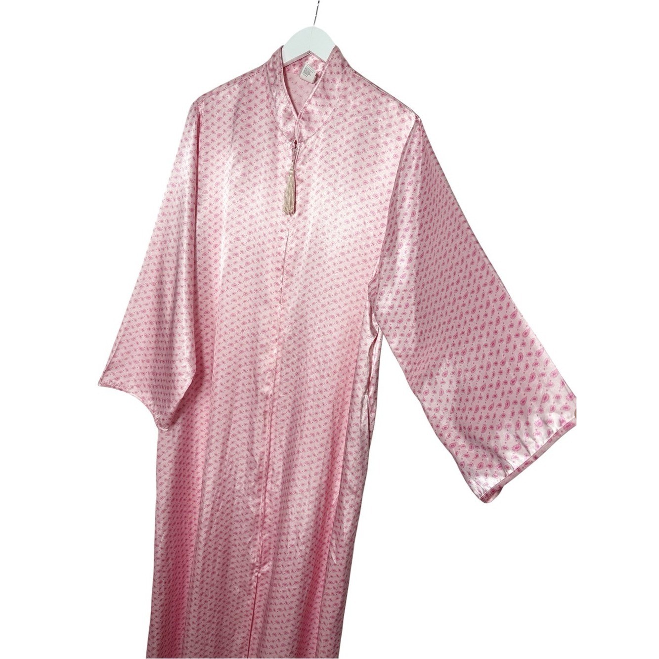 Vintage Natori Pink Satin Caftan Robe Lounge Dress Floral Tassel Size XL