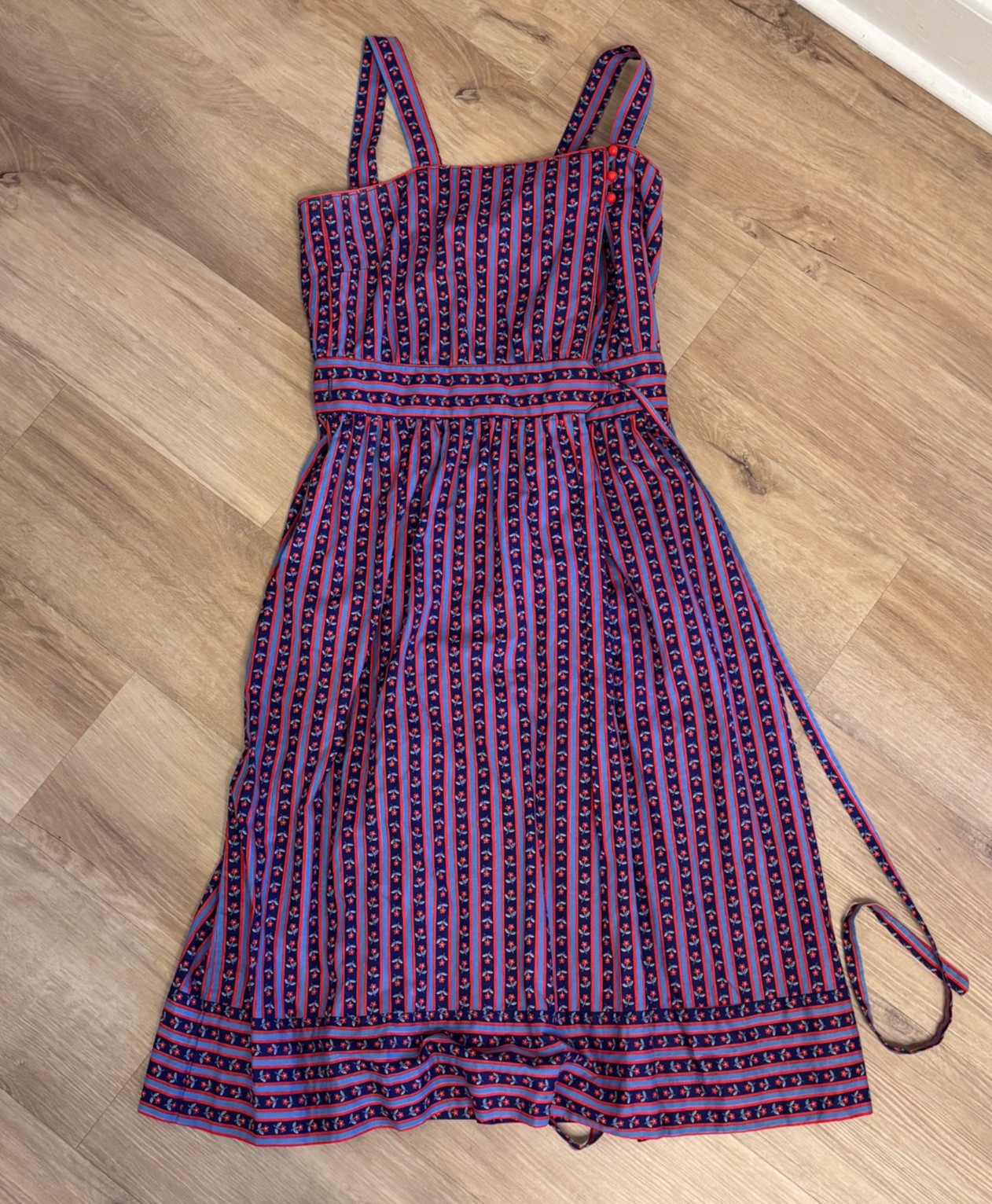 Vintage LANZ ORIGINALS Retro Red And Blue 1960s Striped Floral Wrap Dress Sz S