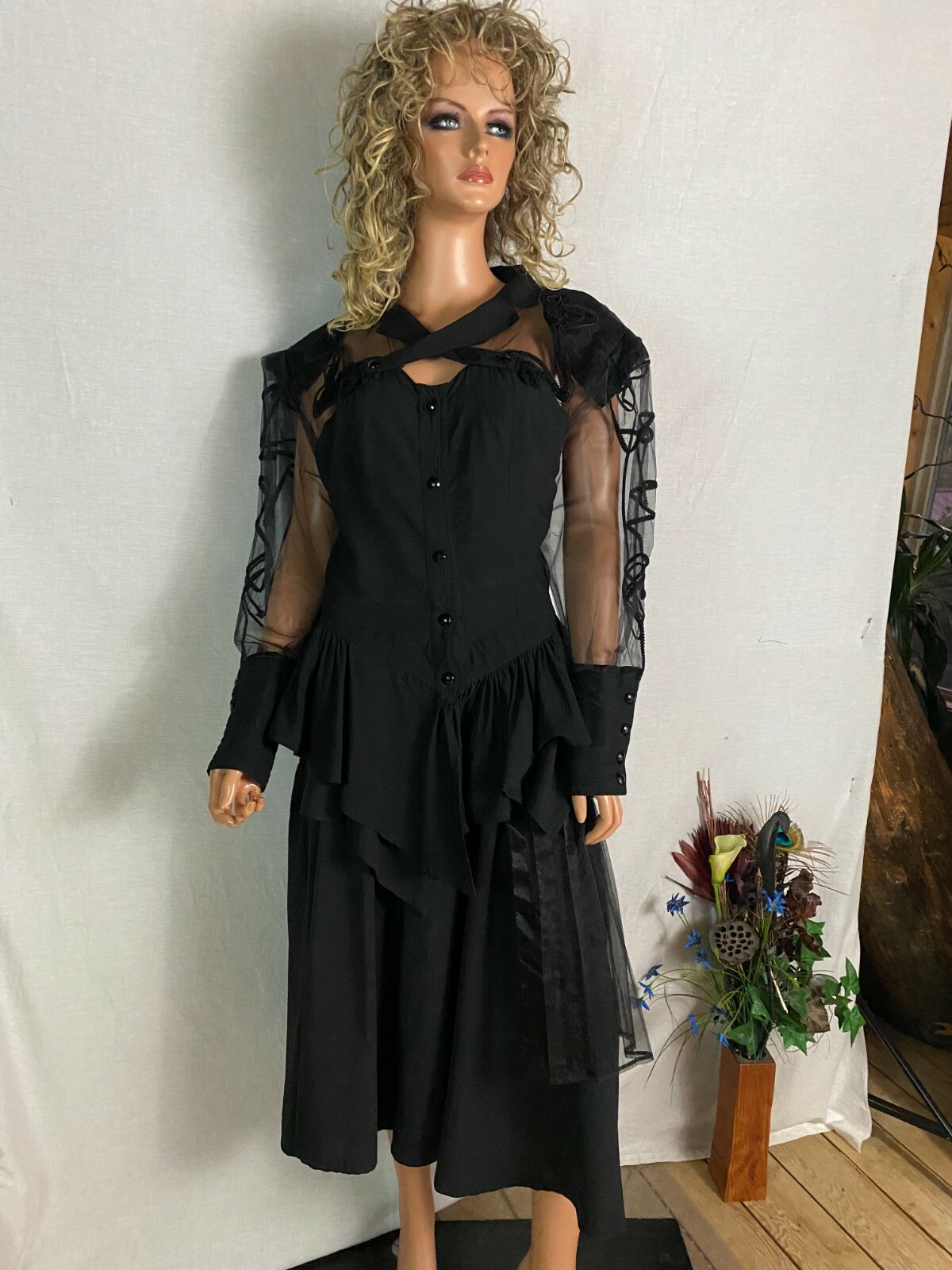 VTG 80s Stevie Nicks Style Black 2 PC Skirt Top Overlay Sheer Goth Steampunk M