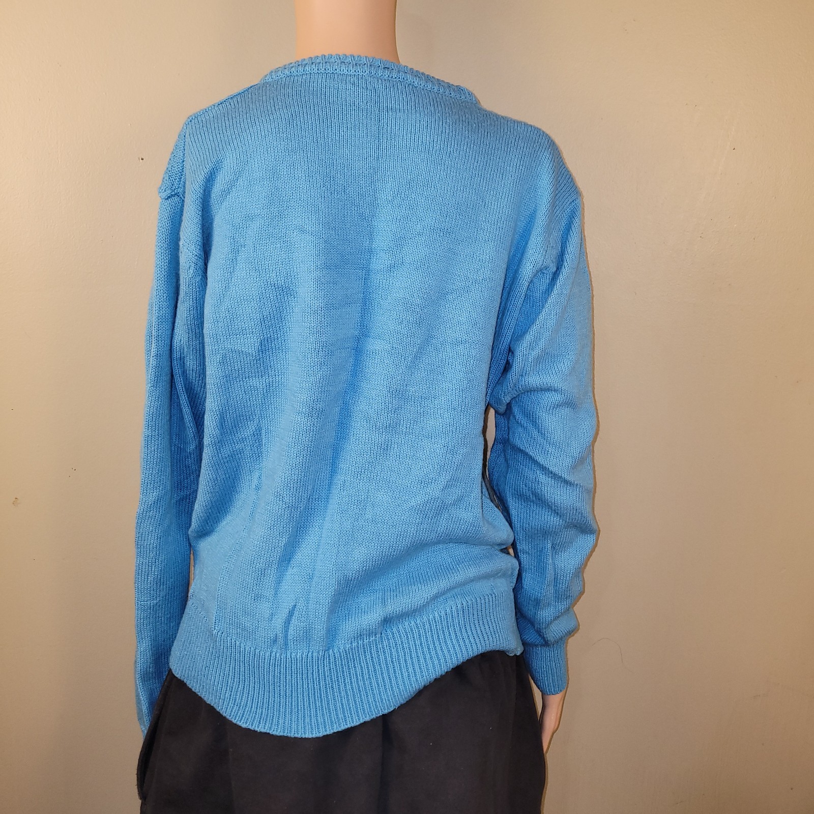 Vintage Beaded Knit Sweater L Bib Feminine Blue Cottage Jumper Granny Core