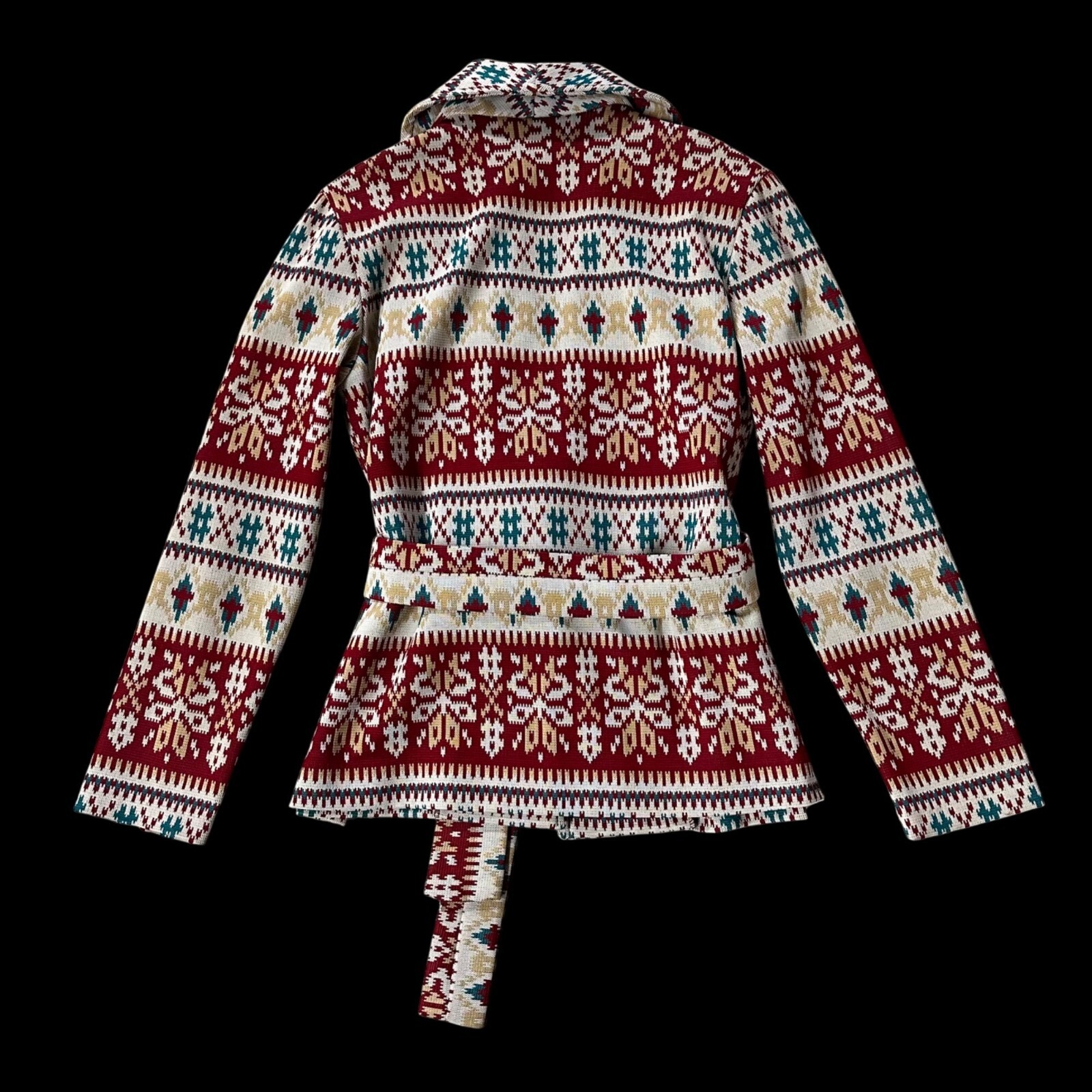 Vintage Cardigan Jacket 1970s Jane Colby USA Aztec Belted Maroon Teal Medium