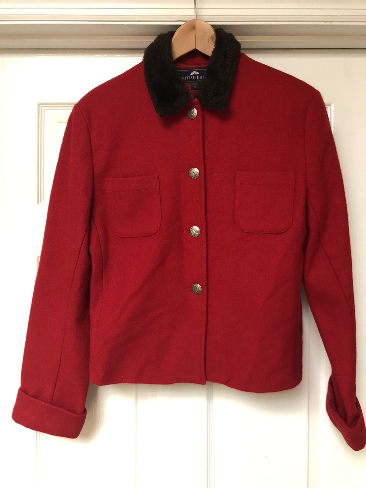British Khaki Womens Size 12 Red Wool Blazer Faux Fur Collar Button Up Academia