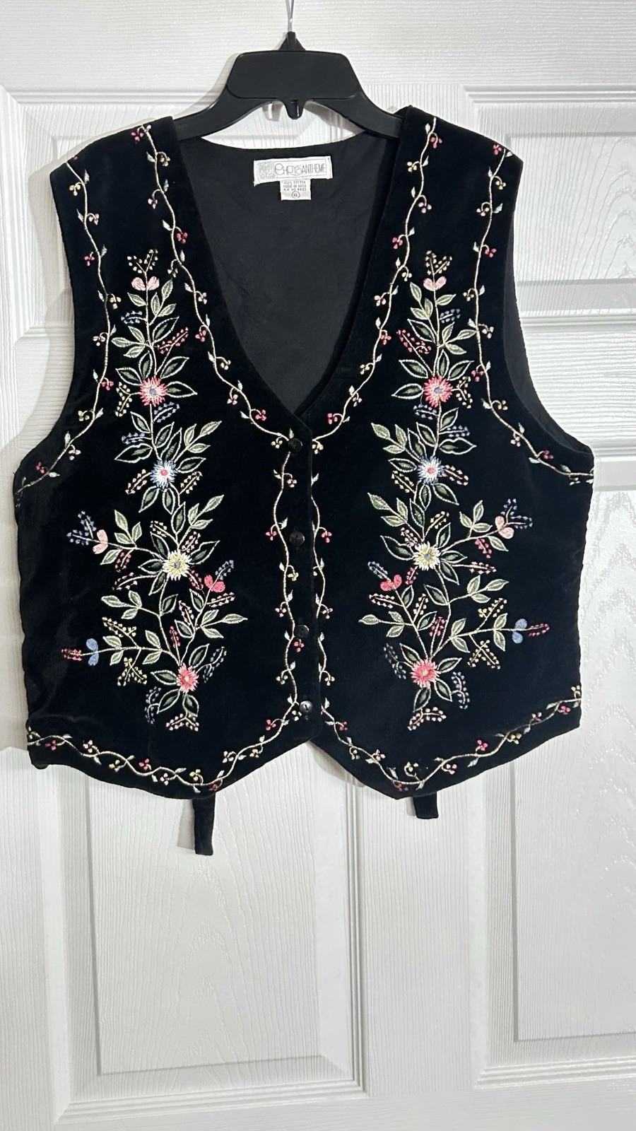 Vintage Women’s Black Sueded Cotton Embroidered Vest Chrysantheme XL Floral