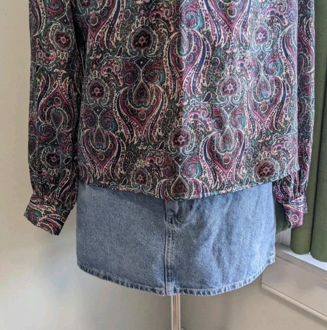Vintage 70s Anna Kristi Blouse Womens Petite Size 10 Paisley High Neck Boho Top