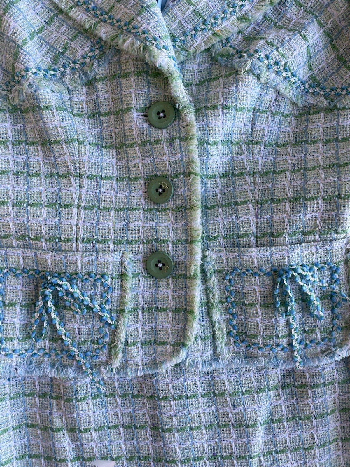 Kay Unger New York Tweed Jacket Skirt Suit | Fringe Trim | Pastel Green Sz 12