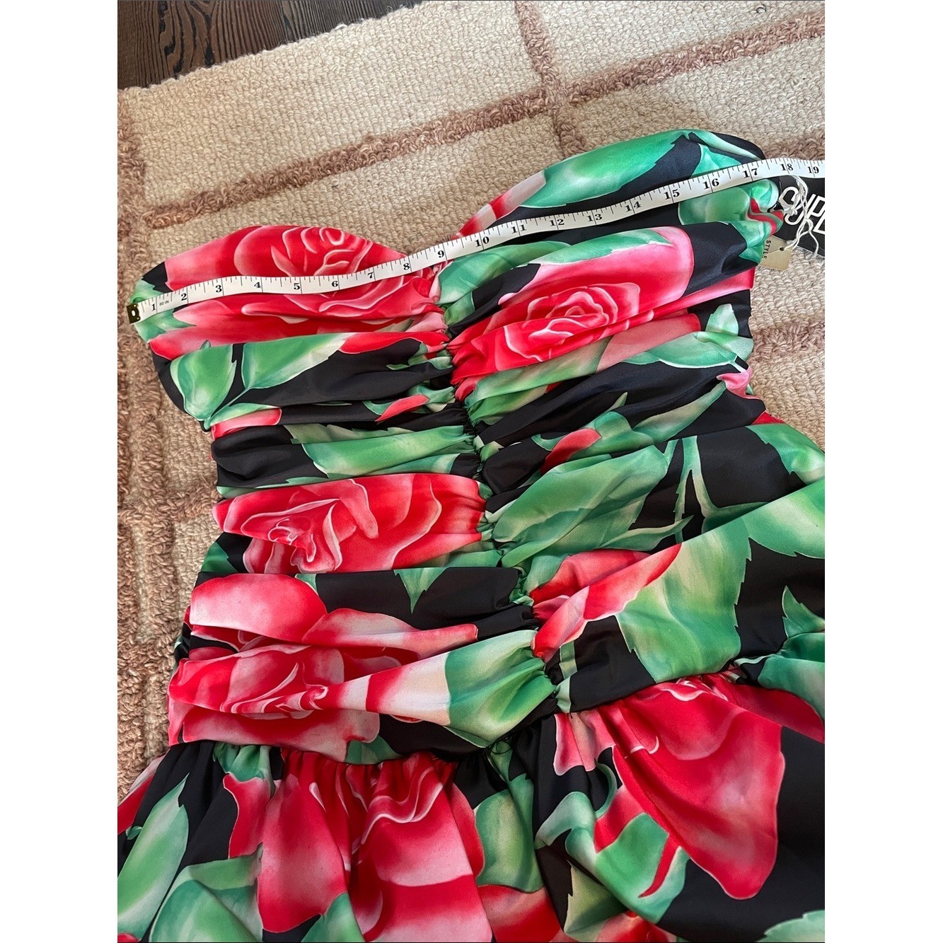 NWT Vintage 80a Superstition Strapless Rose-Print Midi Dress Red Green Black Sz8