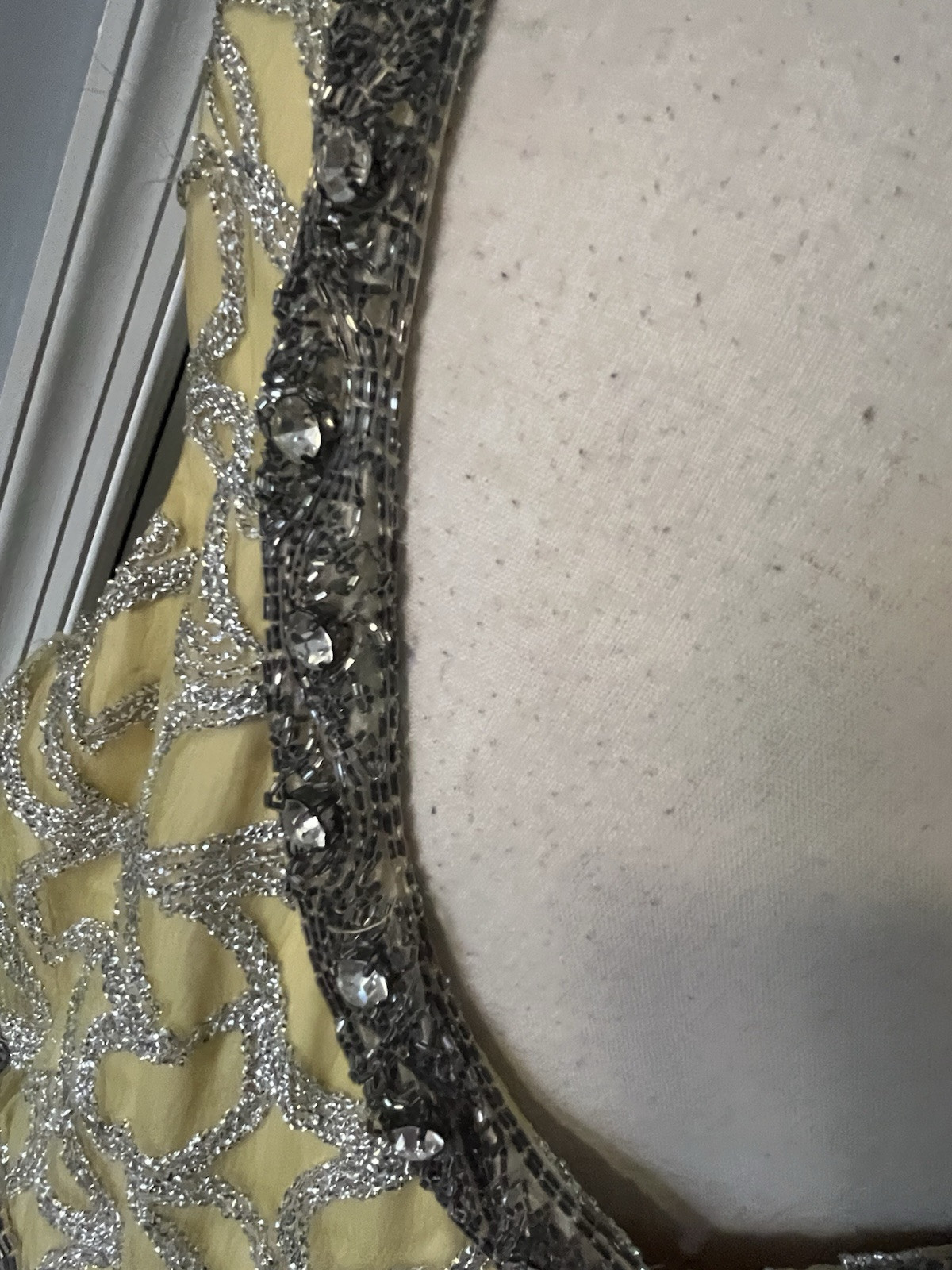 Erlebacher Beaded Long Gown Dress Sleeveless Yellow & Silver Shimmery VTG Large?
