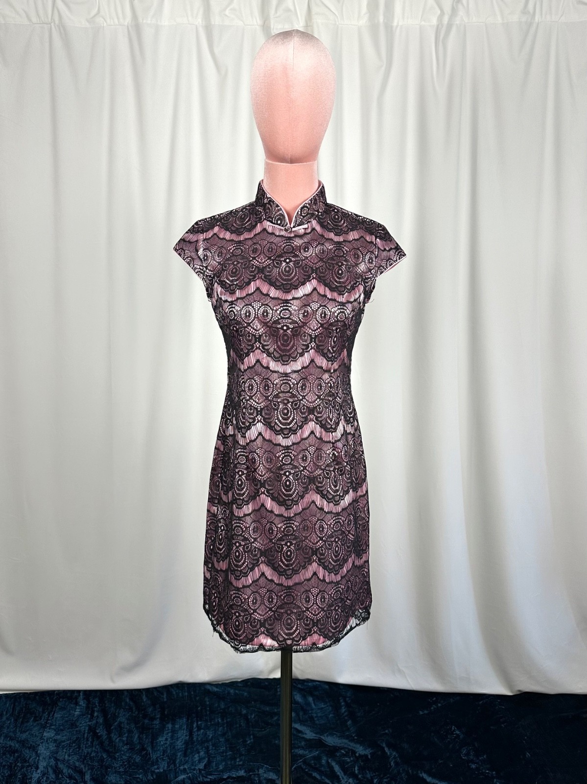 Vintage Lace Mandarin Collar Dress XS Pink Black Cocktail Party Beijing Purchase