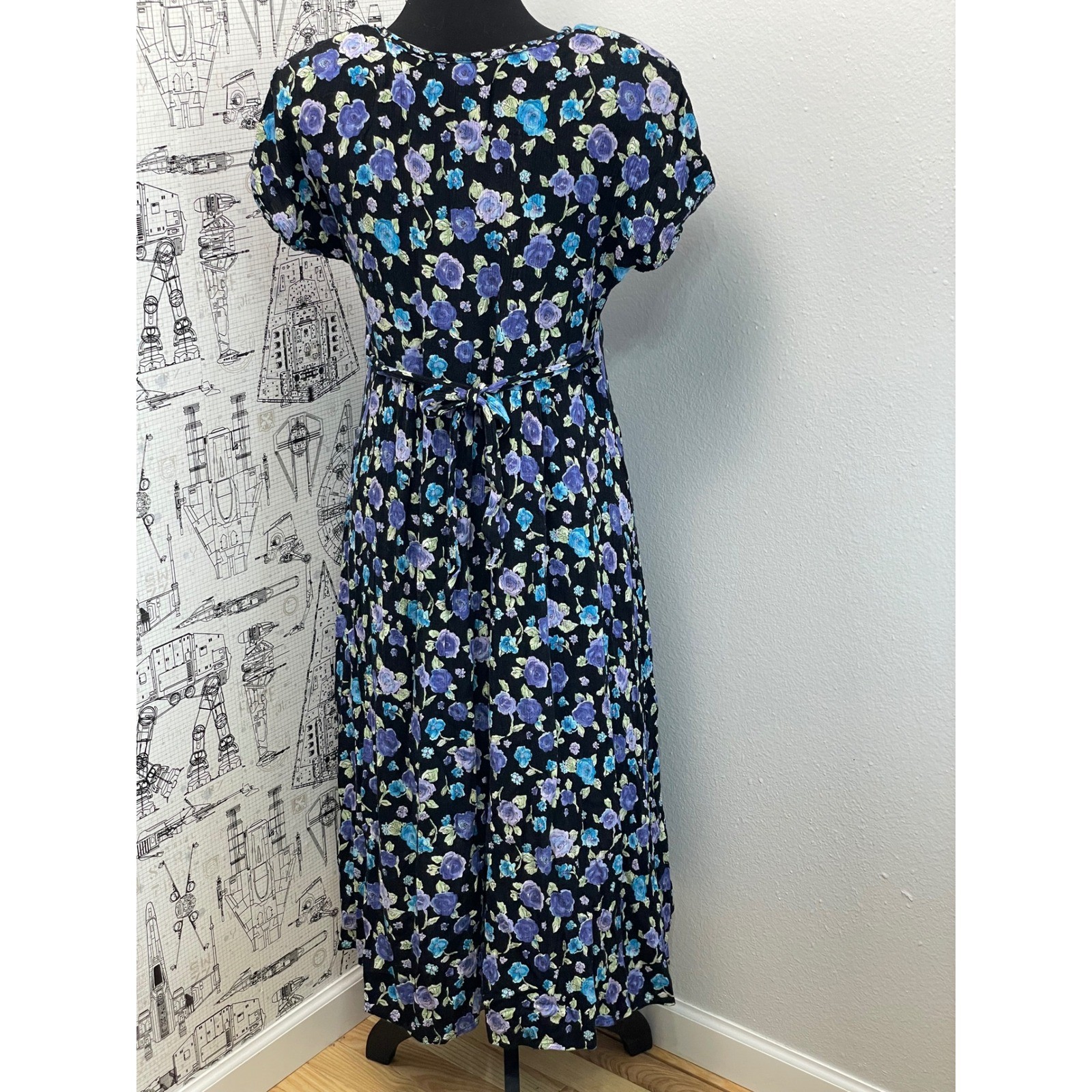 Petite Jazz Floral Maxi Dress 8 Black Purple Blue Vintage 90s Grunge Cottagecore