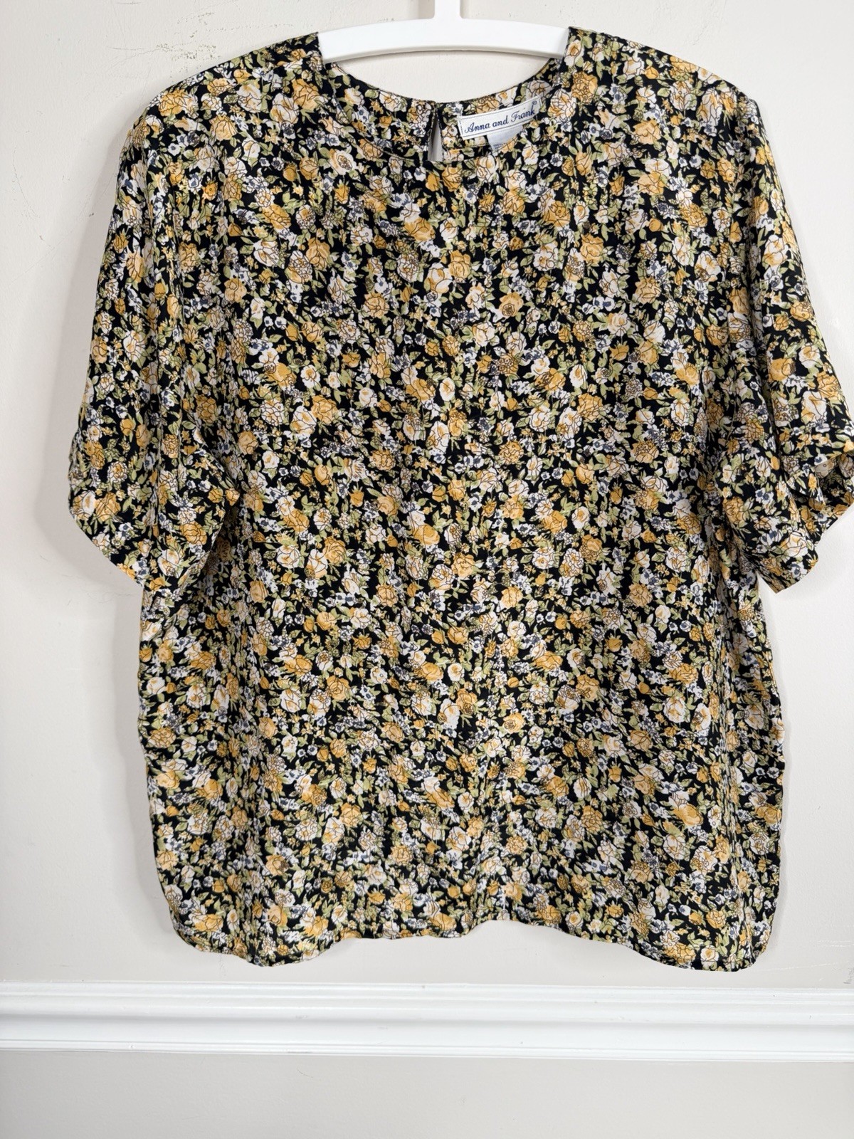 Anna and Frank Large 90s vintage 100% silk dark floral blouse yellow black