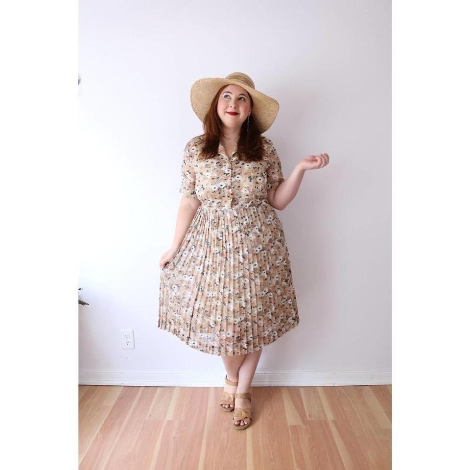 Vintage Floral Pleated Midi Dress Tan Brown Rhinestone Button Side Zip 1950s