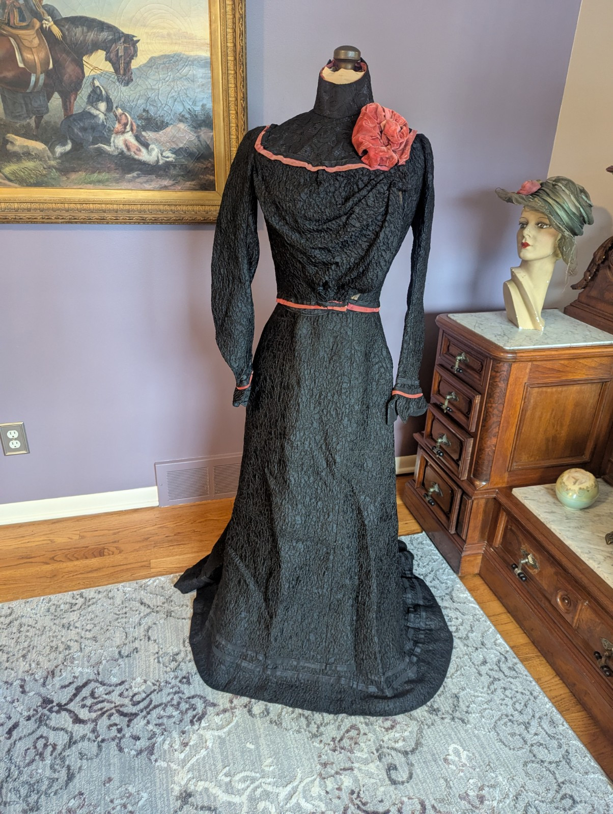 Antique Victorian Edwardian ca 1890’s – 1900 2 Piece Dress Velvet Rose and Trim