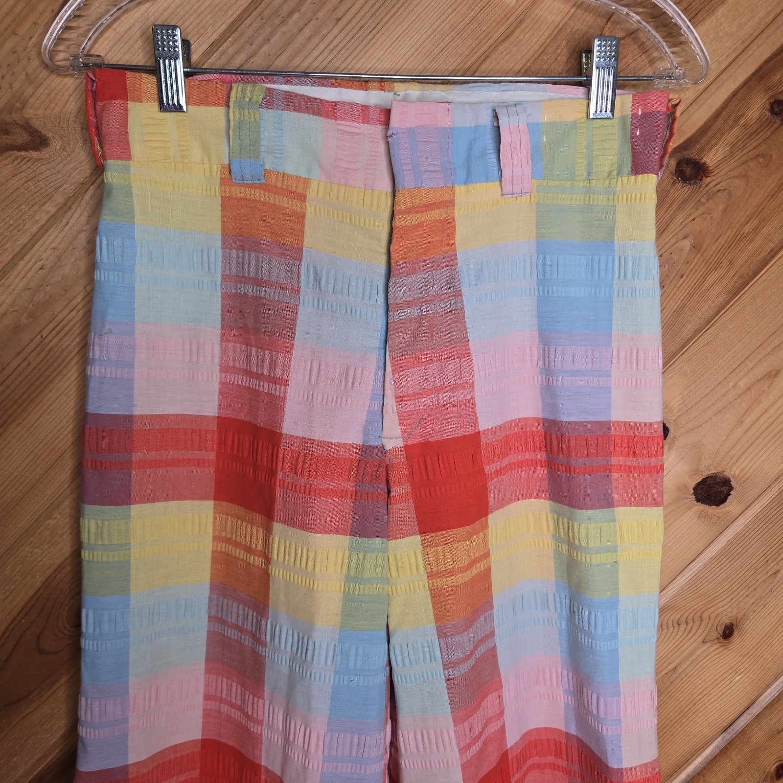 Rare Vintage 70s Plushbottoms High Waisted Rainbow Plaid Bell Bottoms 25″
