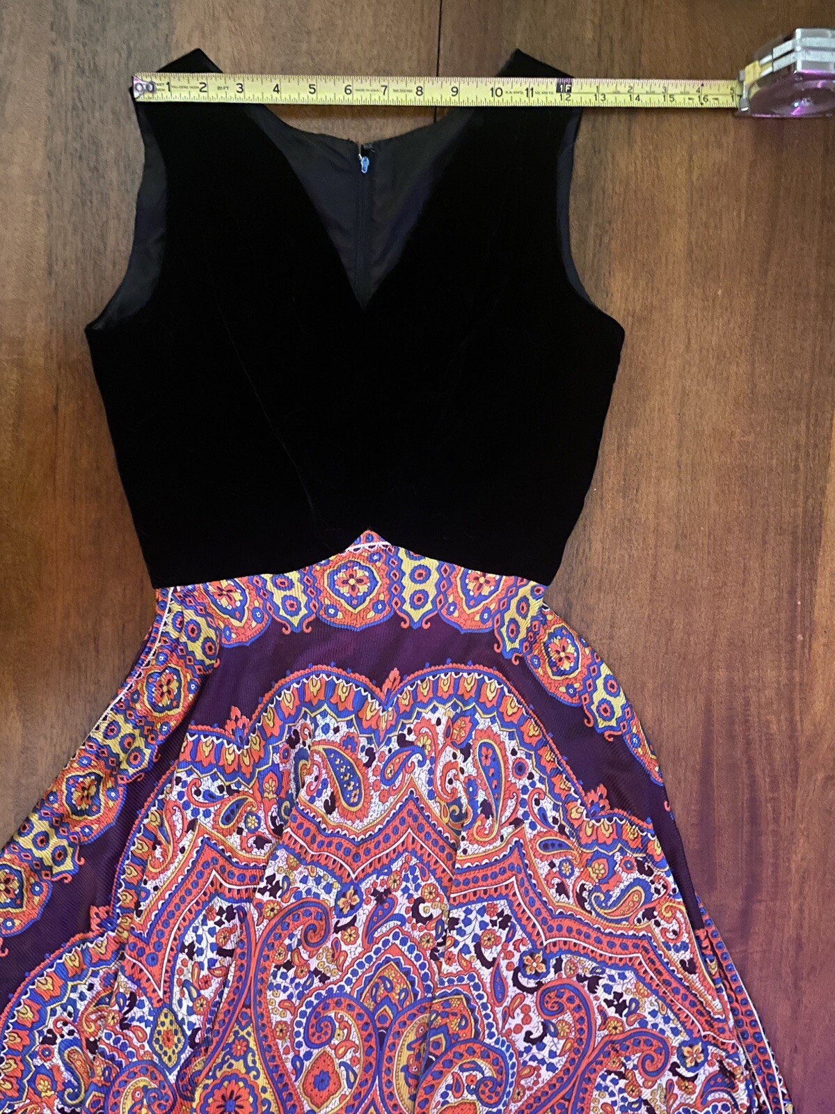 True Vintage 70s Maxi Dress Black Velvet Psychedelic Paisley Groovy XS Handmade