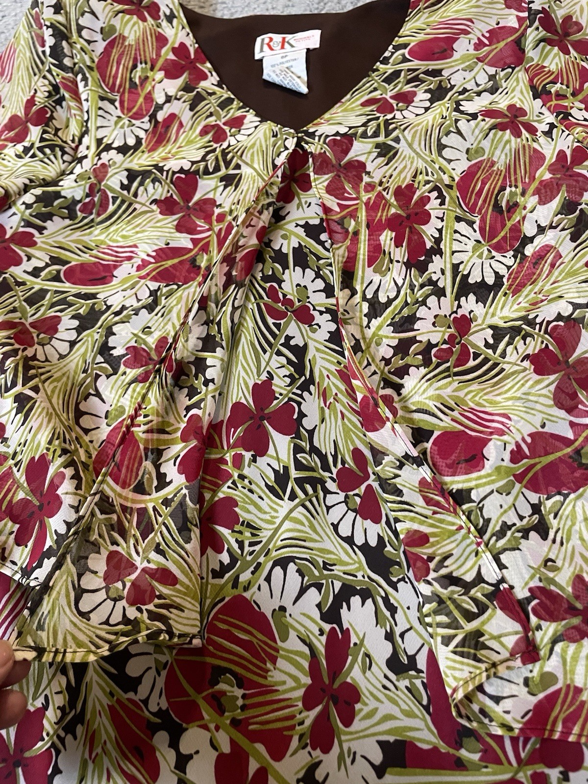 80’s R&K Originals Layered Floral Dress 8P Green Red Chiffon Career Boho Party