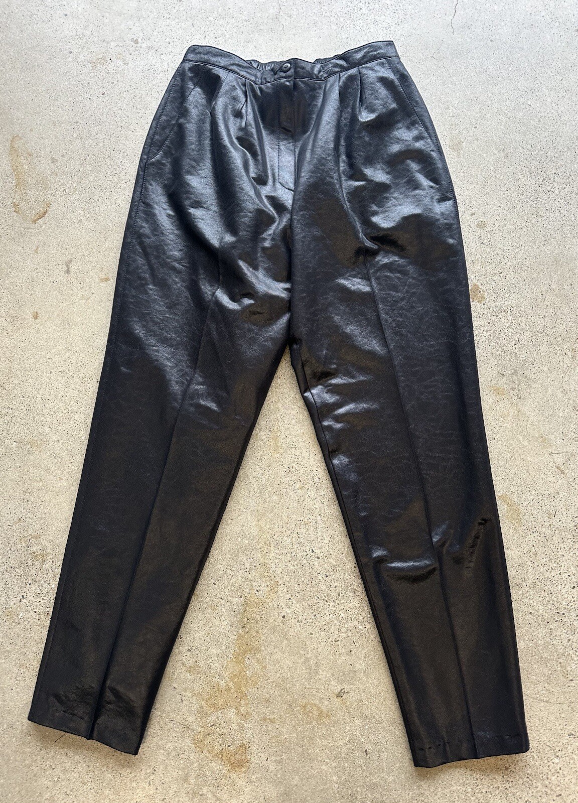 Vintage Pierre Lamonte Black Polyester Shiny Sleek Faux Leather Pants Size 14